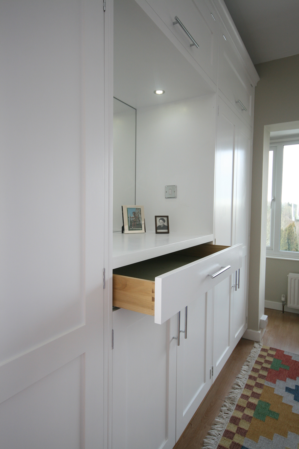 Click for Detail of Dovetailed Wardrobe Drawer showing Mirror in Dressing table area, Enlargement 3 of 3 (0.9 mb)