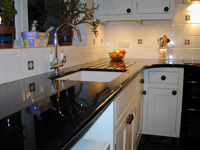 Polished Acrylic Stone Worktop and Integrated Draining Board in Hand-painted Bespoke Shaker Kitchen. Enlargement 4 (0.6 mb).