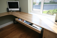 Pen Drawer opening in Bespoke Office in Oak with Surrounding Desk. Enlargement 4 (0.9 mb)